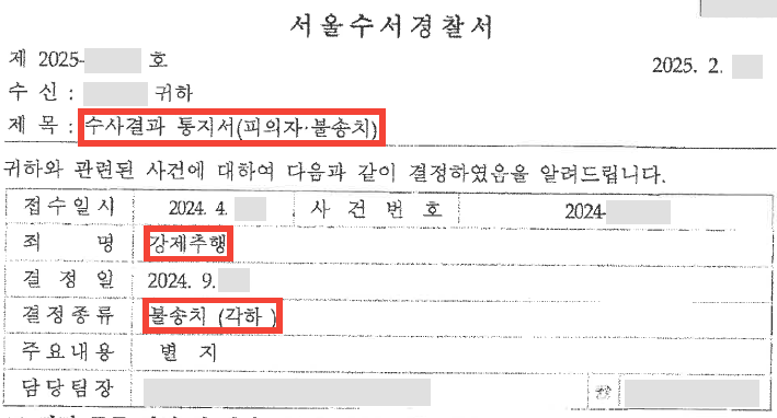 강제추행치상 불송치 각하